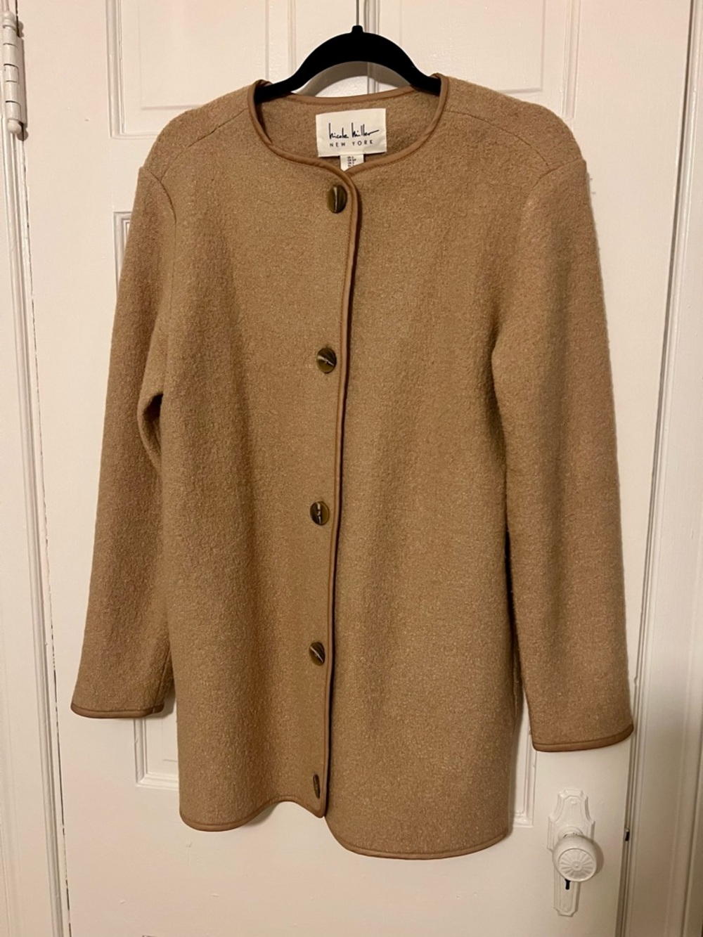 Nicole Miller Camel Button-Front Wool Pea Coat